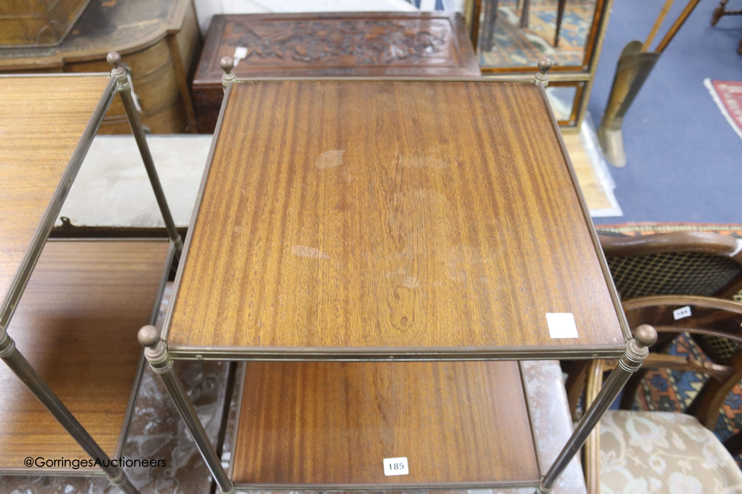 A pair of brass and teak two tier occasional tables, width 44cm depth 44cm height 58cm